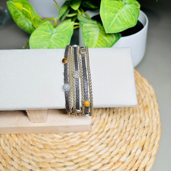 LUCKY Brand Multi Strand Tigers Eye Brown Suede & Brass Tone Chain Bracelet - Picture 5 of 11